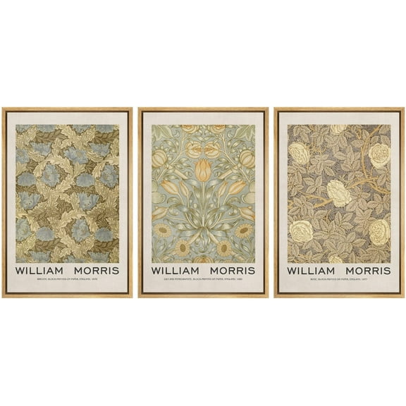 IDEA4WALL Framed Canvas Print Wall Art Set of 3 William Morris Floral Tapestry Vintage Pattern Nature Wilderness Geometric Modern Art Posters Calm/Relax/Cozy for Rooms - Natural 24"x36"x3