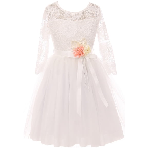 Little Girl Floral Lace Top Tulle Flower Party Flower Girl Dress USA Off White 4 JKS 2098