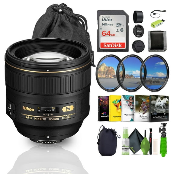 Nikon AF-S NIKKOR 85mm f/1.4G Prime Lens Bundle 64GB Card Tripod Filter Kit Software (International Model)