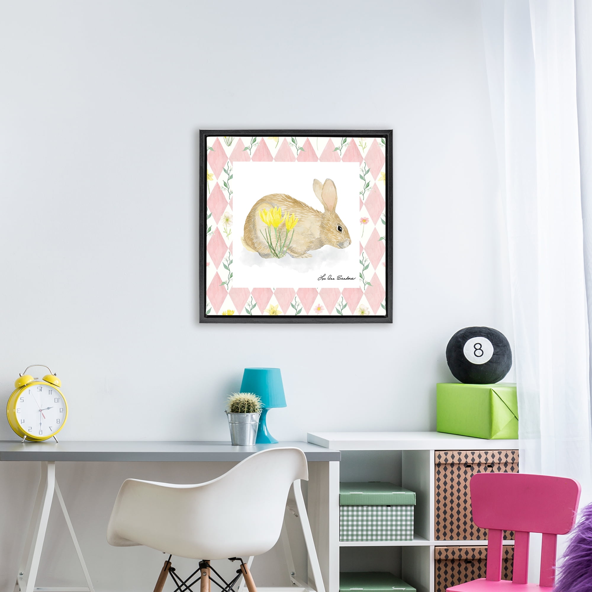 Buttercup Bunny on Pink Argyle Black Framed Floater Canvas Wall Art, design by Lee Ann Sanders