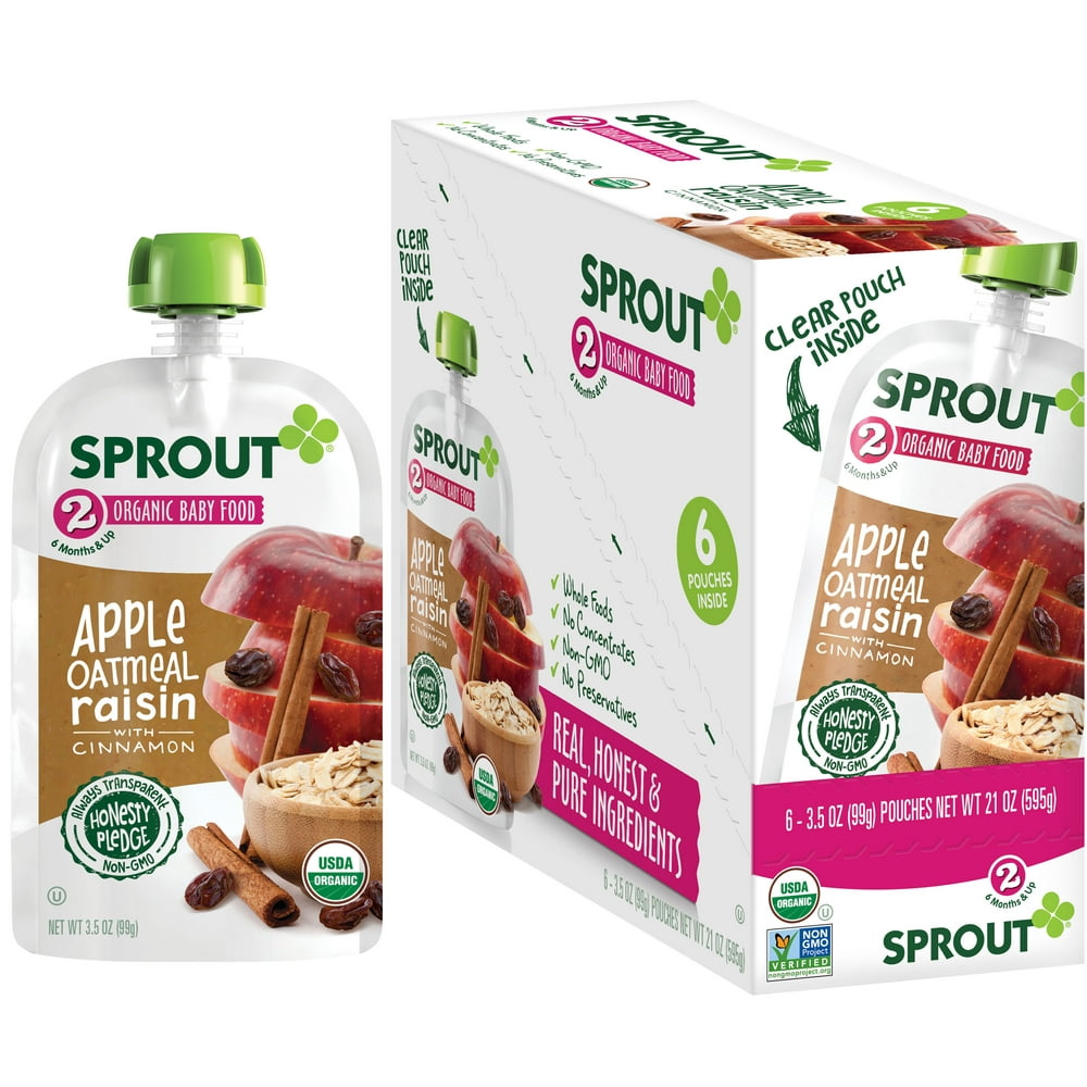 Sprout Organic Stage 2 Baby Food, Apple Oatmeal Raisin with Cinnamon, 3.5 oz Pouch, 6 Pack