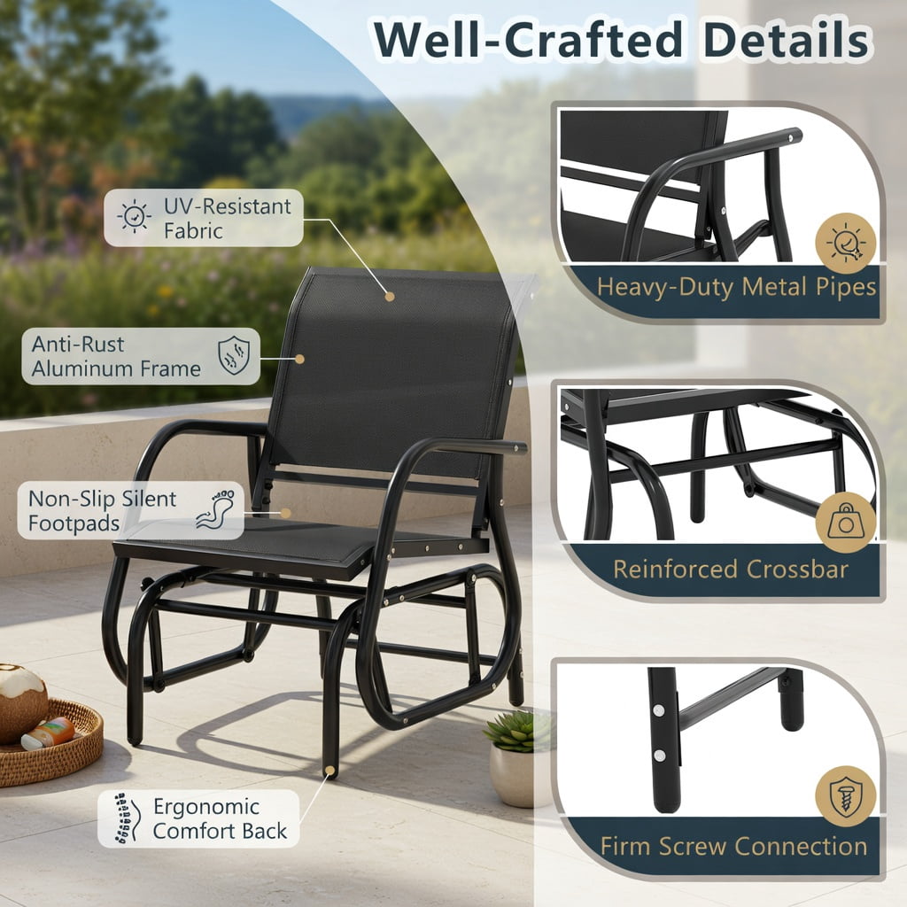 Hommoo Outdoor Single Swing Glider Rocking Chair, Heavy-Duty Steel Frame, Breathable Fabric Seat, All-Weather Patio Relaxation Chair, Black