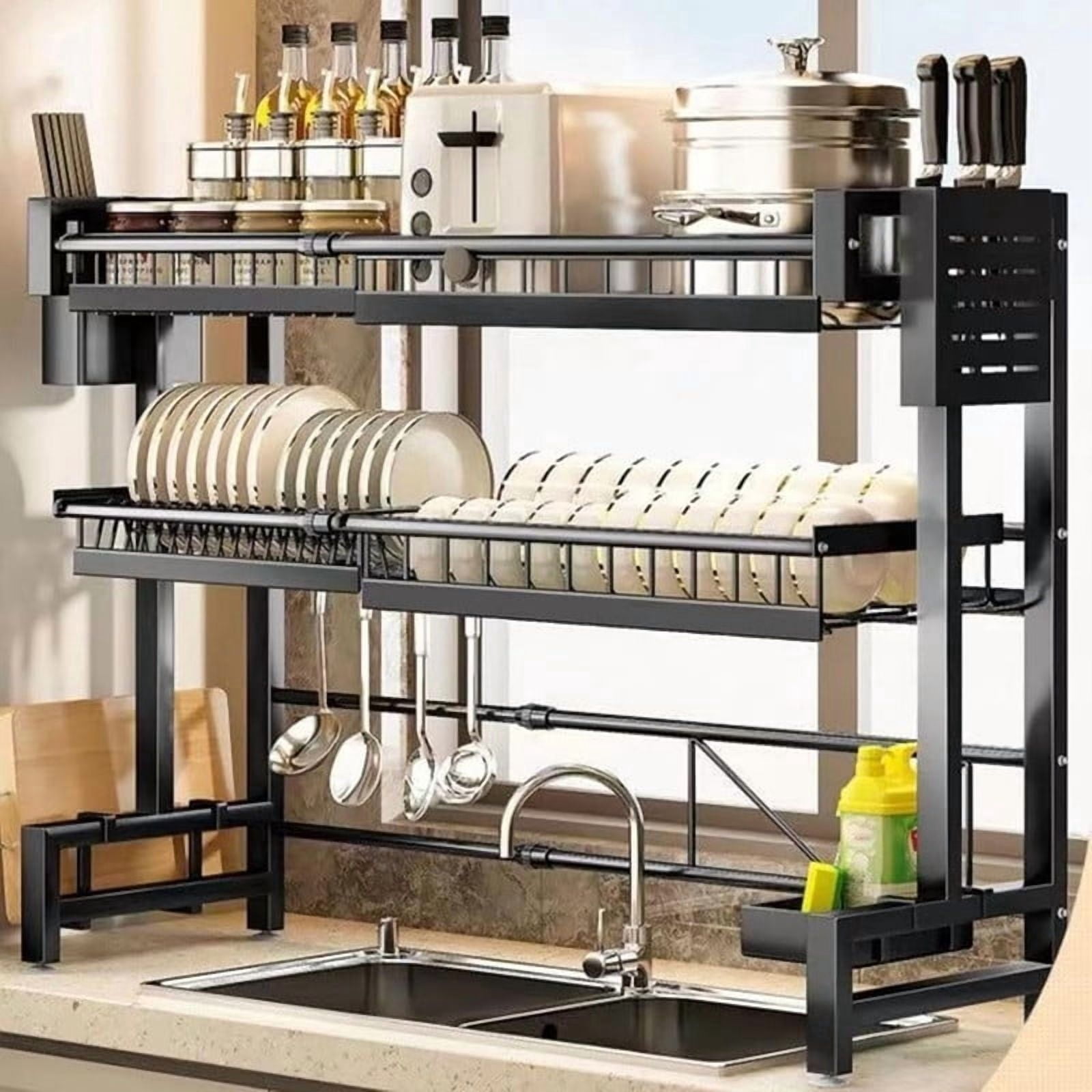 Over The Sink Dish Drying Rack, Telescopic 2 Tier Large Capacity Dish Rack, Sink Organize Stand, Kitchen Counter Storage Shelf Supplies for Plates Bowls Pots