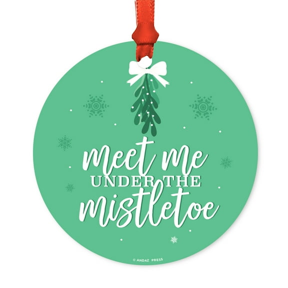 Elegant Scripted Calligraphy Round Metal Christmas Ornament, Meet Me Under the Mistletoe, Includes Ribbon and Gift Bag