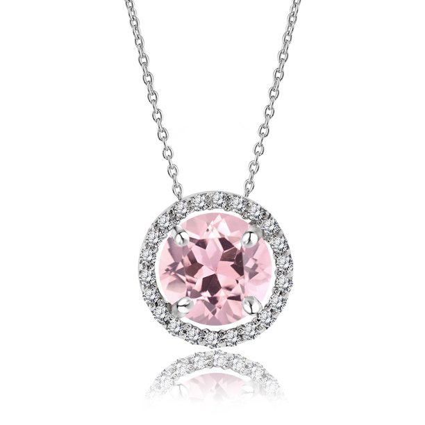 JeenMata Solitario de talla redonda de 1,25 quilates - Turmalina rosa - Collar con colgante de halo con piedra natal de octubre chapado en oro blanco, adulto, mujer