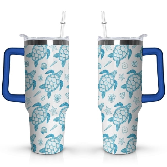 40oz Cute Ocean Life Turtle Stainless Steel Flip Straw Tumbler Spill Proof Travel Cup Double Wall Vacuum Insulated Coffee Mug with Top Handle