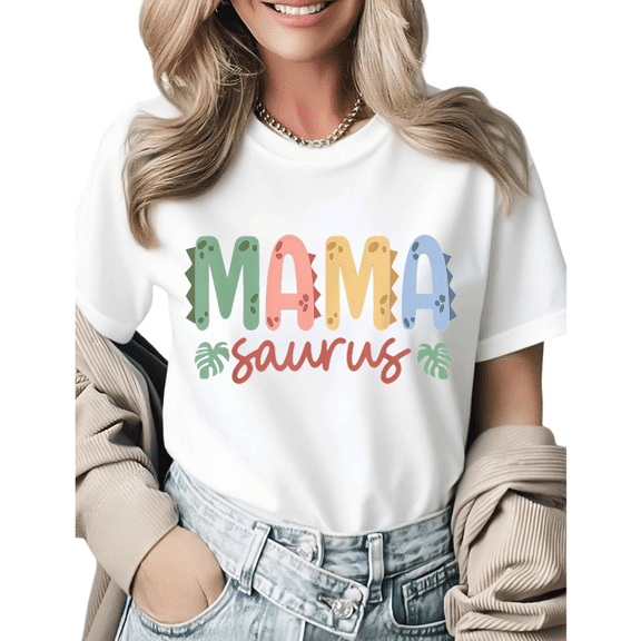 Mama Saurus Dinosaur Mom Graphic Tees Womans Tshirt Shirts Black White S-5XL Tops