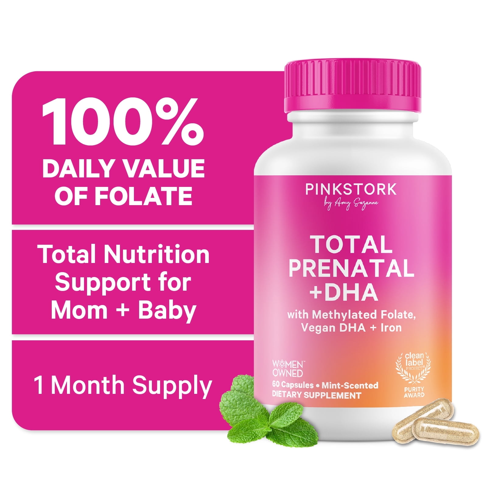 Pink Stork Total Prenatal Vitamins with Vegan DHA, No Fishy Burps, Essential Pregnancy Folate Iron Zinc, Vegan, 60 Capsules