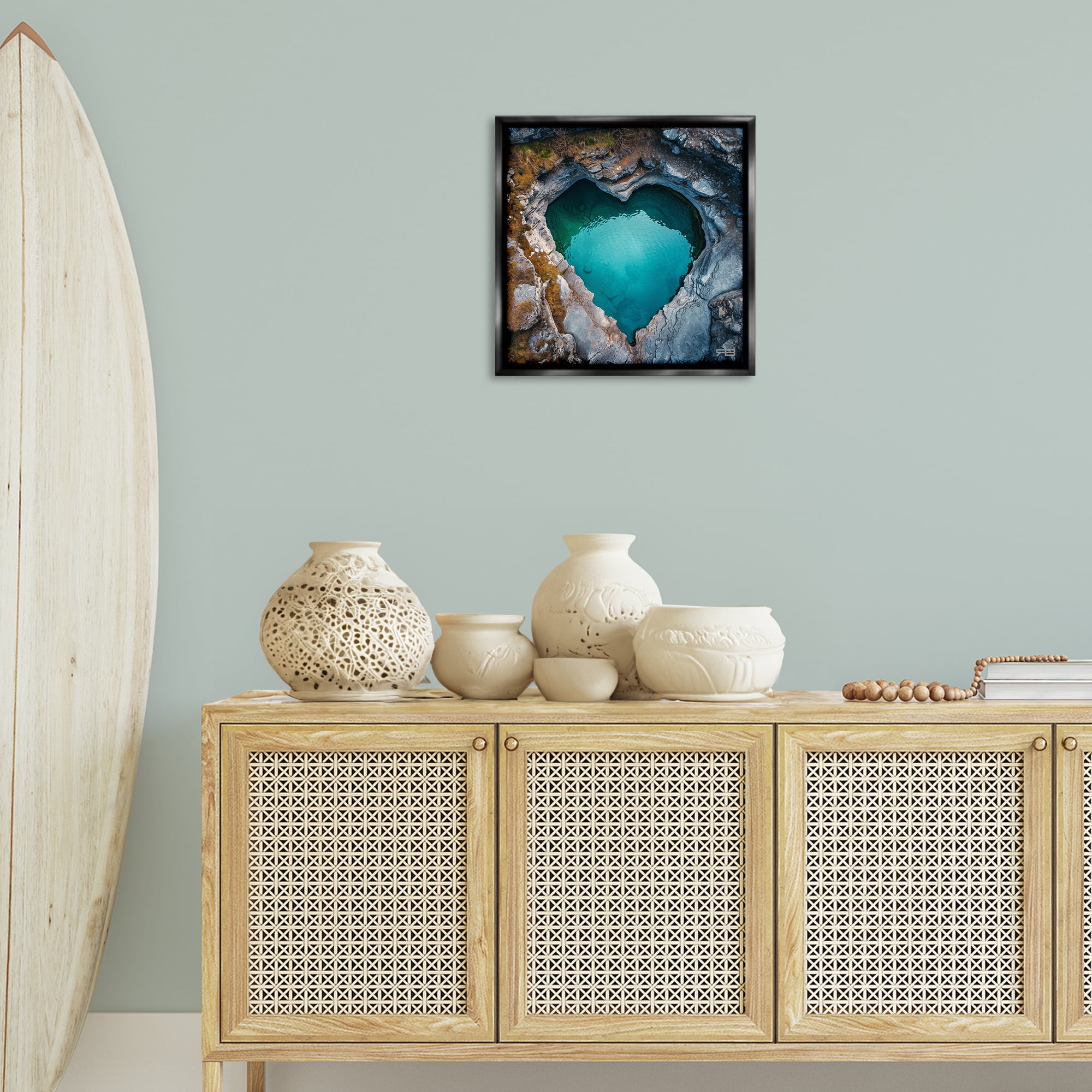 Stupell Industries Heart Shaped Natural Pool Landscape & Nature Painting Black Floater Framed Canvas Art Print Wall Art, 18 x 18