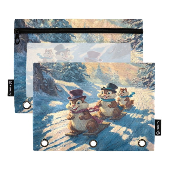 2 Pack 3 Ring Binder Pouch with Clear PVC Window Water Resistant Zipper Pencil Pouch Three Lovable Chipmunks Binder Pocket for Classroom Office Home Stationery Organization