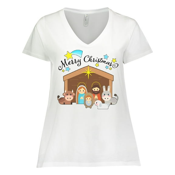 Inktastic Merry Christmas Cute Nativity Scene Women's Plus Size V-Neck T-Shirt