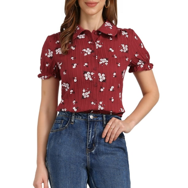 INSPIRAR CHIC Blusa de Algodón con Cuello Peter Pan y Mangas Abullonadas para Mujeres, Estampado Floral, para Uso Casual de Verano, Talla L, Rojo Oscuro Floral
