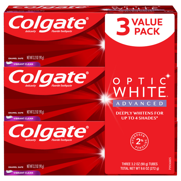 Colgate Optic White Advanced Teeth Whitening Toothpaste, Vibrant Clean -  3.2 ounce (3 Pack)