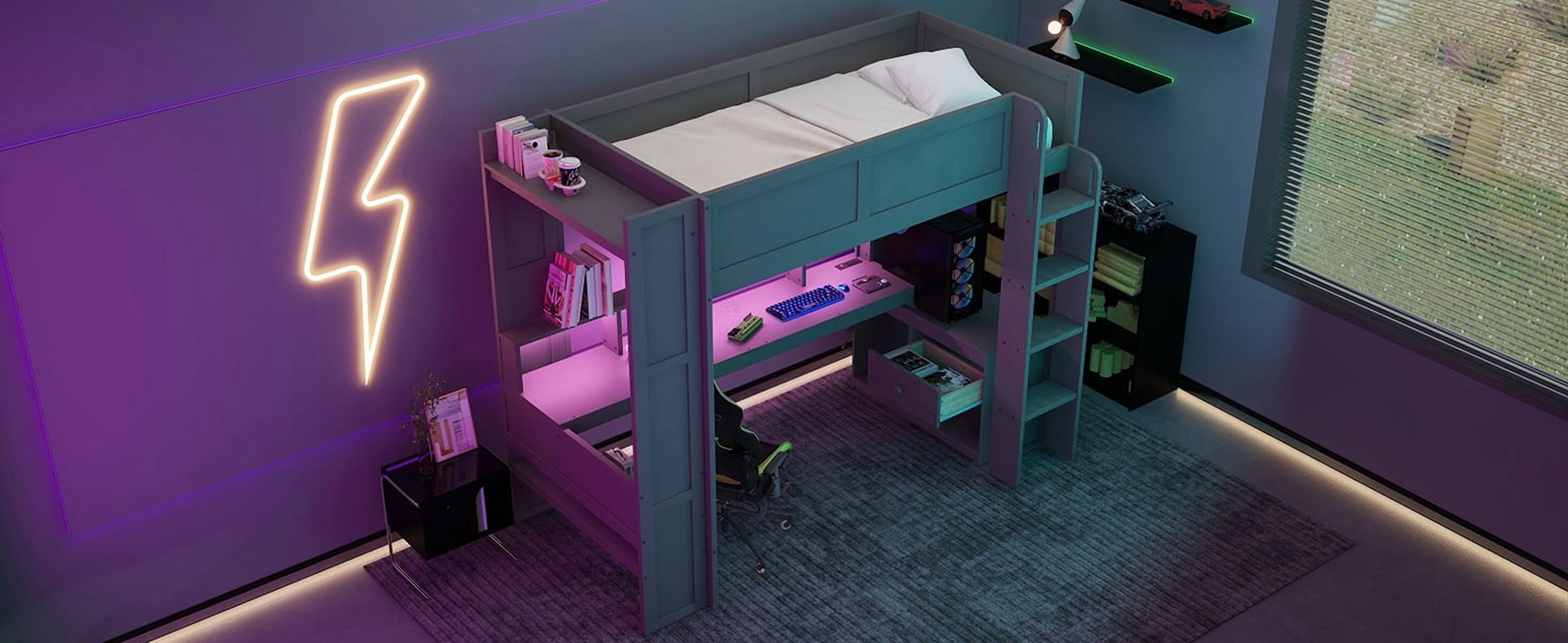 Homy Casa Wood Twin Size Gaming Loft Bed with Desk Shelves LED and Charging Station for Teen Bedrooms