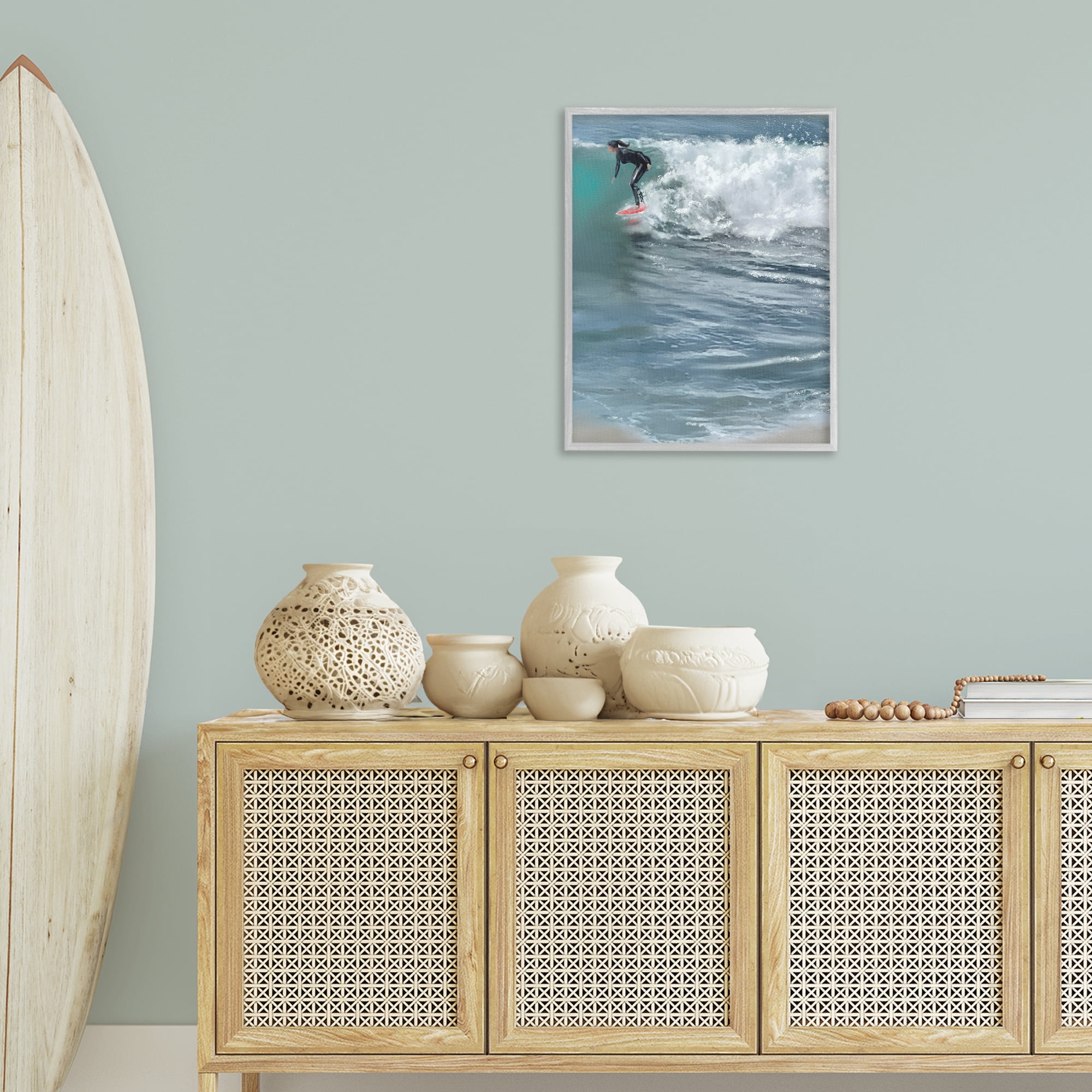 Stupell Industries Cali Surfer Girl Sports Painting Gray Framed Art Print Wall Art, 24 x 30