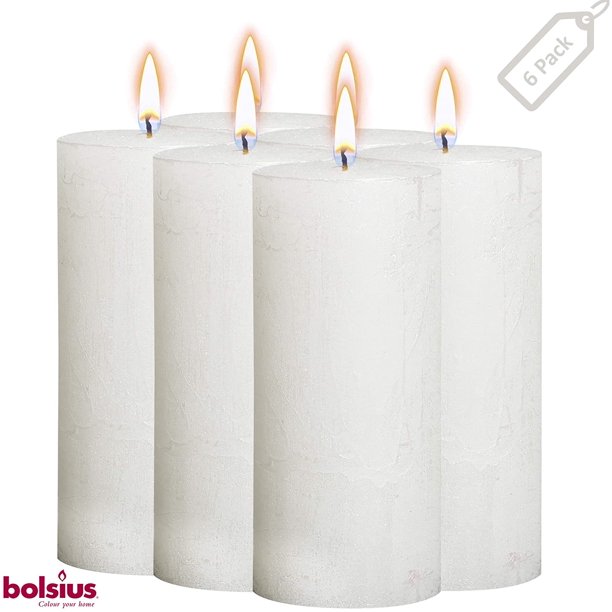 Bolsius White Pillar Metallic Rustic Unscented Candles 6Pack 75 Hr