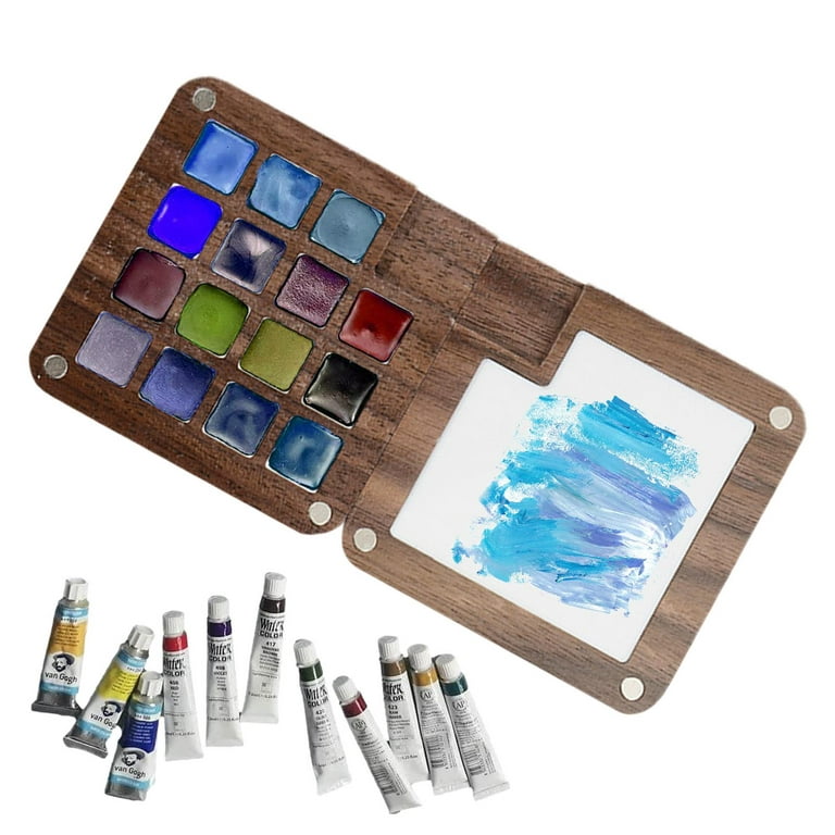 15/24 Grid Walnut Oak Grid Watercolor Paint Box Portable Mini