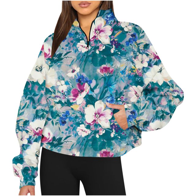 ICHUANYI Liquidación Top/camisa de cuello con capucha y media cremallera estampada de manga larga para mujer ICHUANYI WER202308230739