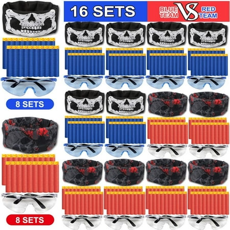 DecorX Party Supplies Compatible with Nerf Guns - 16 Sets Kids Birthday Party Favors for Blaster Gun War Party Supplies with Face Masks, Refill Darts, Tactical Glasses