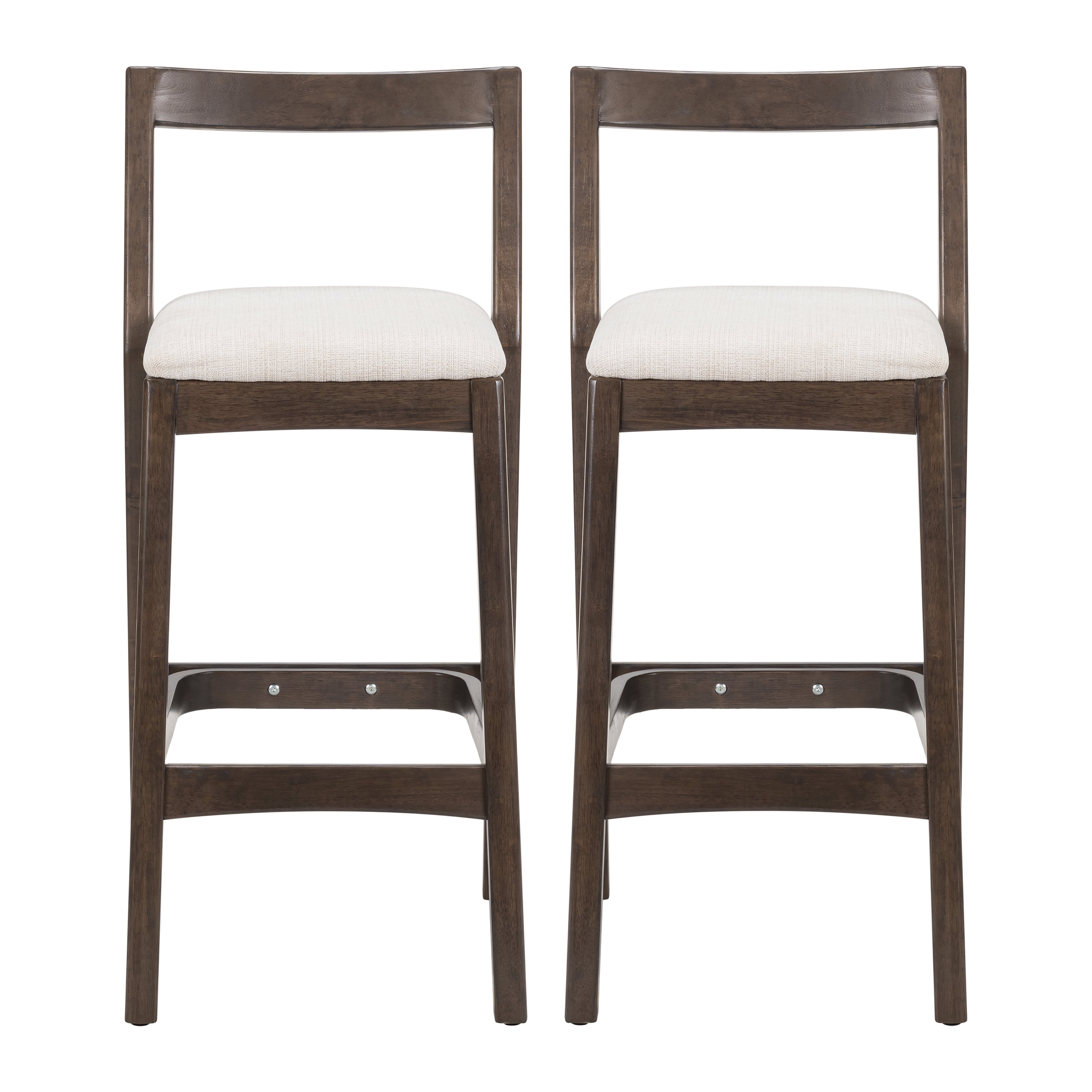 Counter Height Bar Stools, Rubberwood Stools with Beige Polyester Fabric Seat and Dark Brown Finish, Farmhouse Dining Stools for Kitchen, Breakfast Nook, Cafe, Set of 2