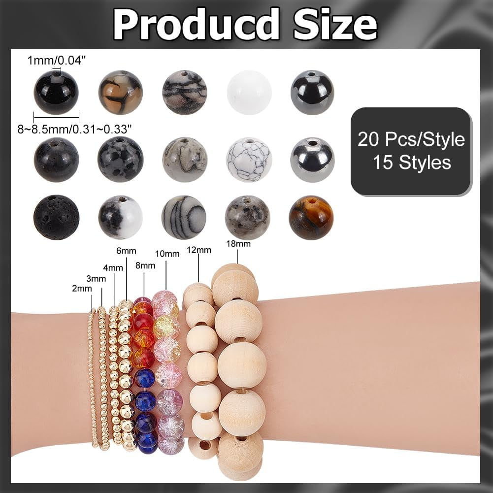 300PCS Round Black White Stone Beads 8mm Marble Loose Beads Gemstone Beads for Friendship Bracelet Earring Necklace Jewelry Making Eid Mubarak Ramadan Decoration
