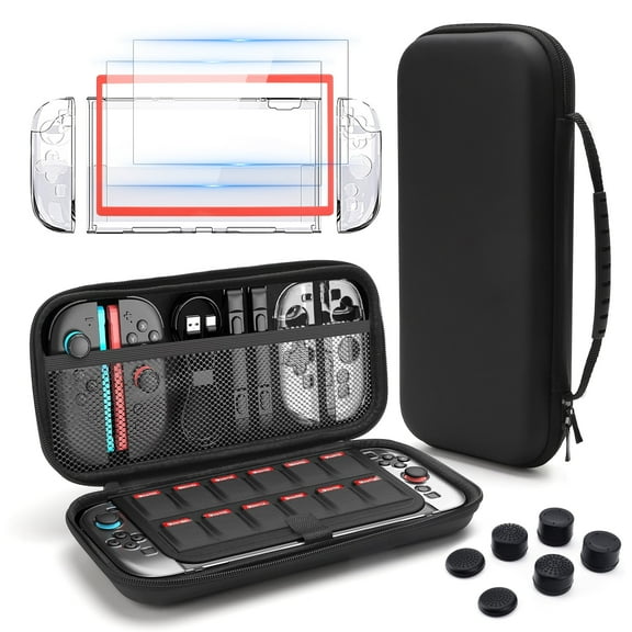 EEEkit Travel Case Fit for Nintendo Switch 2, Hard Shell Protective Carrying Bag with Clear Case Cover, Tempered Glass Screen Film, Thumbstick Caps and Game Card Storage