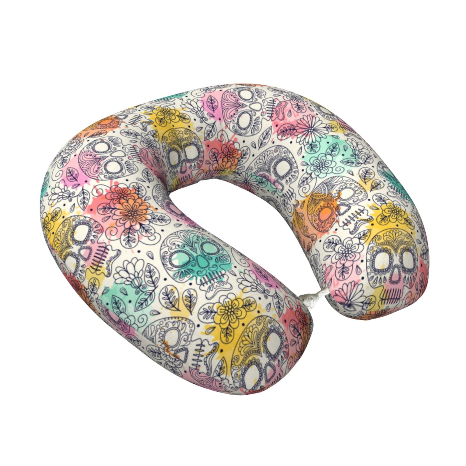 Xecao Skull and Flowers Print Memory Foam Cervical Neck Pillow Versatile U-Shaped Pillows for Home,Office,Camping,Travelling,Soft Washable Cover
