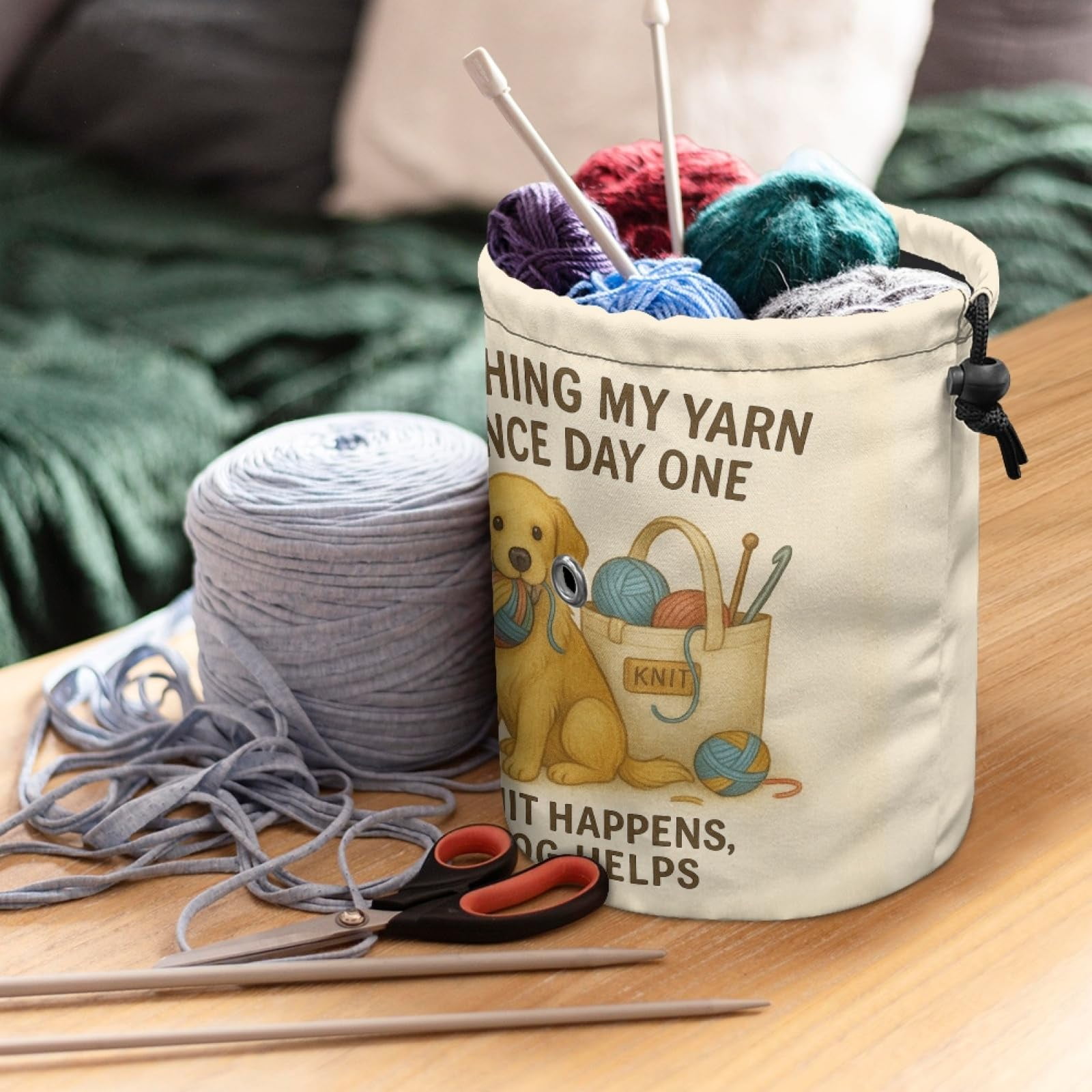 Knitting Crochet Yarn Storage Bag – Durable Canvas Tote Organizer with Cute Pet & Thread Design | Holds Skeins, Hooks, Needles & Tools for Crafters and DIY Lovers