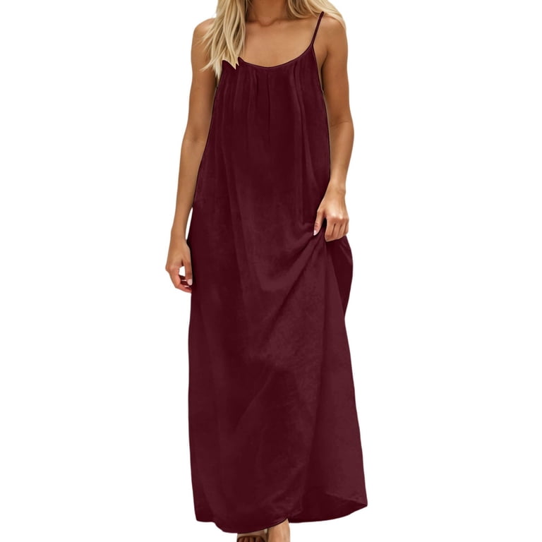 Huowey Womens Maxi Dress Summer Sleeveless Solid Color Spaghetti Straps  Ruffled Pleated Loose Fit Relaxed Travel Vacation Beach Flowy Maxi Long  Dresses Lightweight Fashion Dailywear,Red,XL - Walmart.com