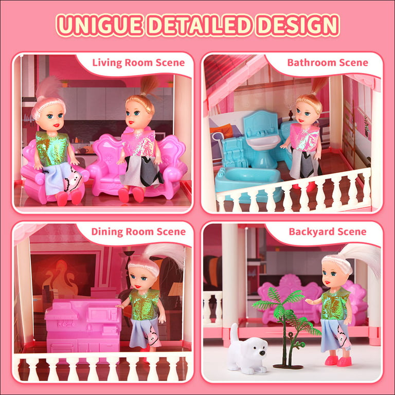 JoyStone DollHouse with Colorful Light, Pretend Play Toddler Doll House  Furniture Sets with 2 Dolls, 4 Rooms DIY Dreamhouse , Creative Gift for  Girls 