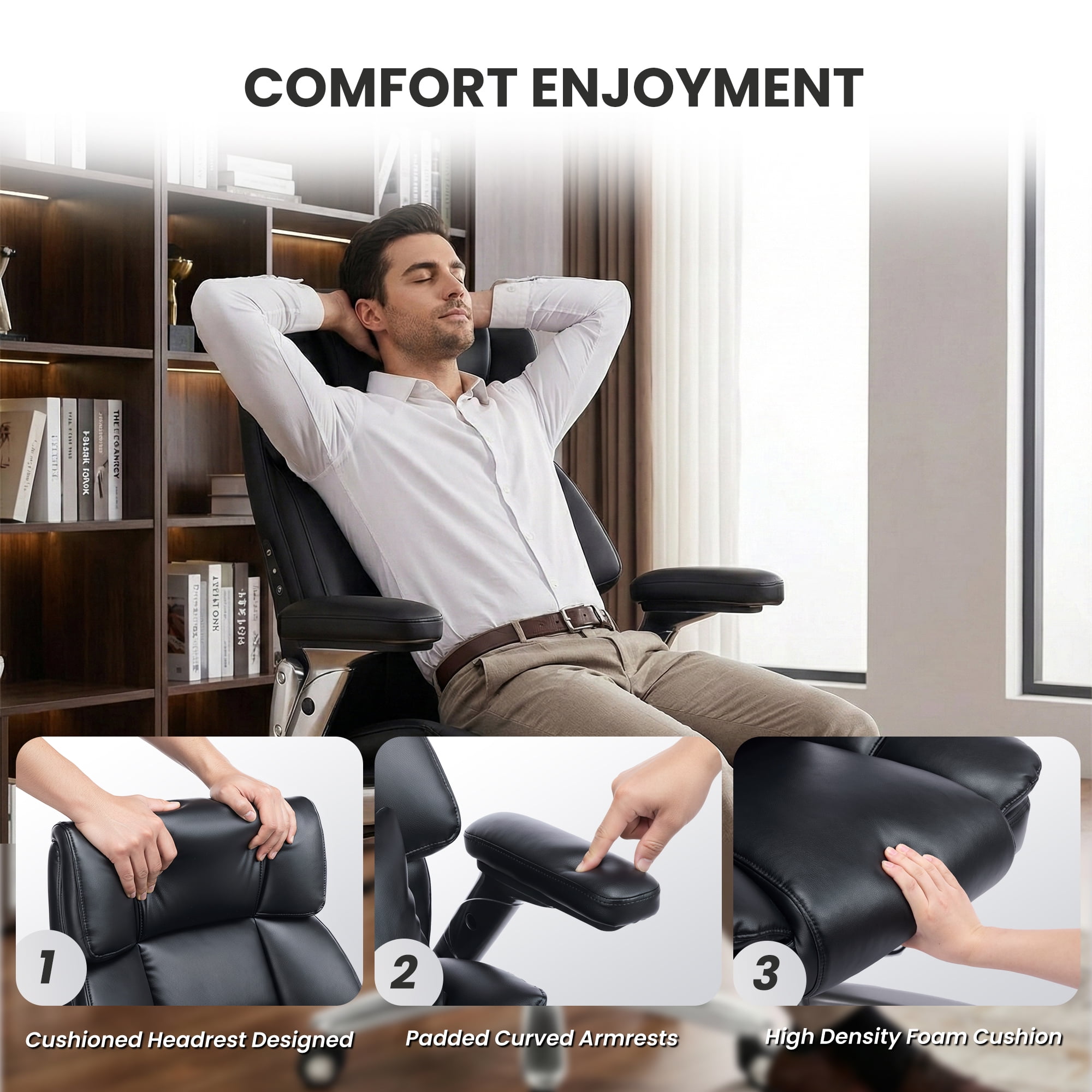 EOP 600LBS Big and Tall Heavy Duty Office Chair, Ergonomic Massage Desk Chair with 4D Adjustable Armrests, PU Leather Executive Chair with Lumbar Support & Quiet Dual Rubber Wheels, Black