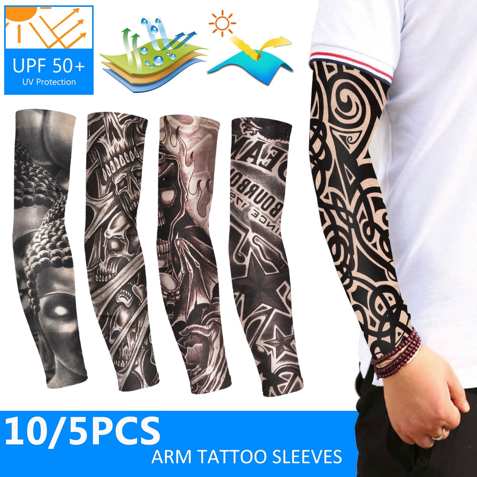 TSV 5Pcs Tattoo Arm Sleeves, Cool Body Arts Fake Temporary Tattoo Cover UV  Sun Block Protection for Camping Hiking Sports Riding Bike Outdoor -  