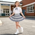 thumbnail image 5 of Girls Preppy School Uniform 3-Piece Set Cotton Short Sleeve Blouse Gray Plaid Skirt Bow Tie for Kids 3T,Size 11-12T, 5 of 6