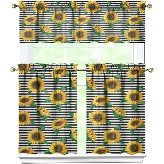 Sunflower Kitchen Curtains Valances and Tiers Set for Windows, Vintage Bathroom Window Curtain Valance 3 Piece Sets,Kitchen Decor for Living Room,54''x 36''