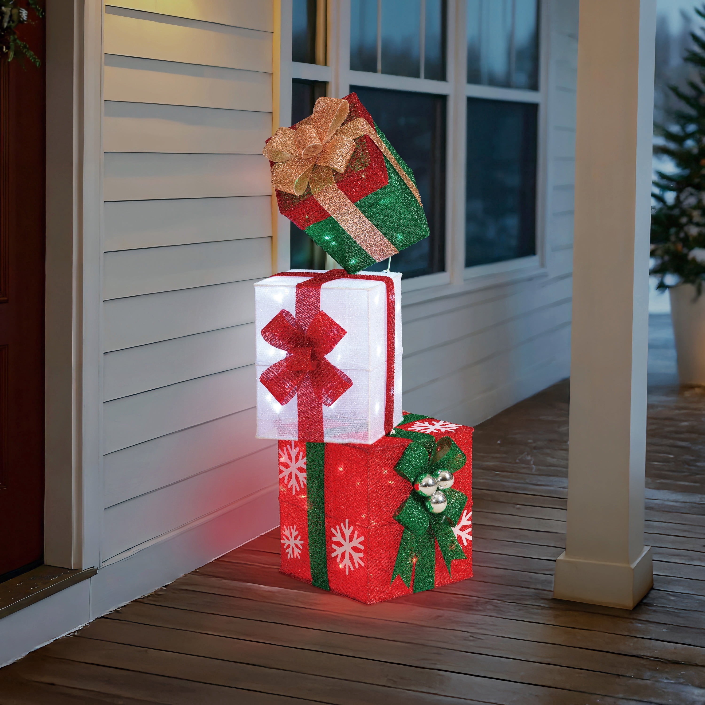 Indoor/Outdoor Light-Up Stacked Gift Box Christmas Decoration with 60 LED Lights, White/Green/Red, 42", by Holiday Time
