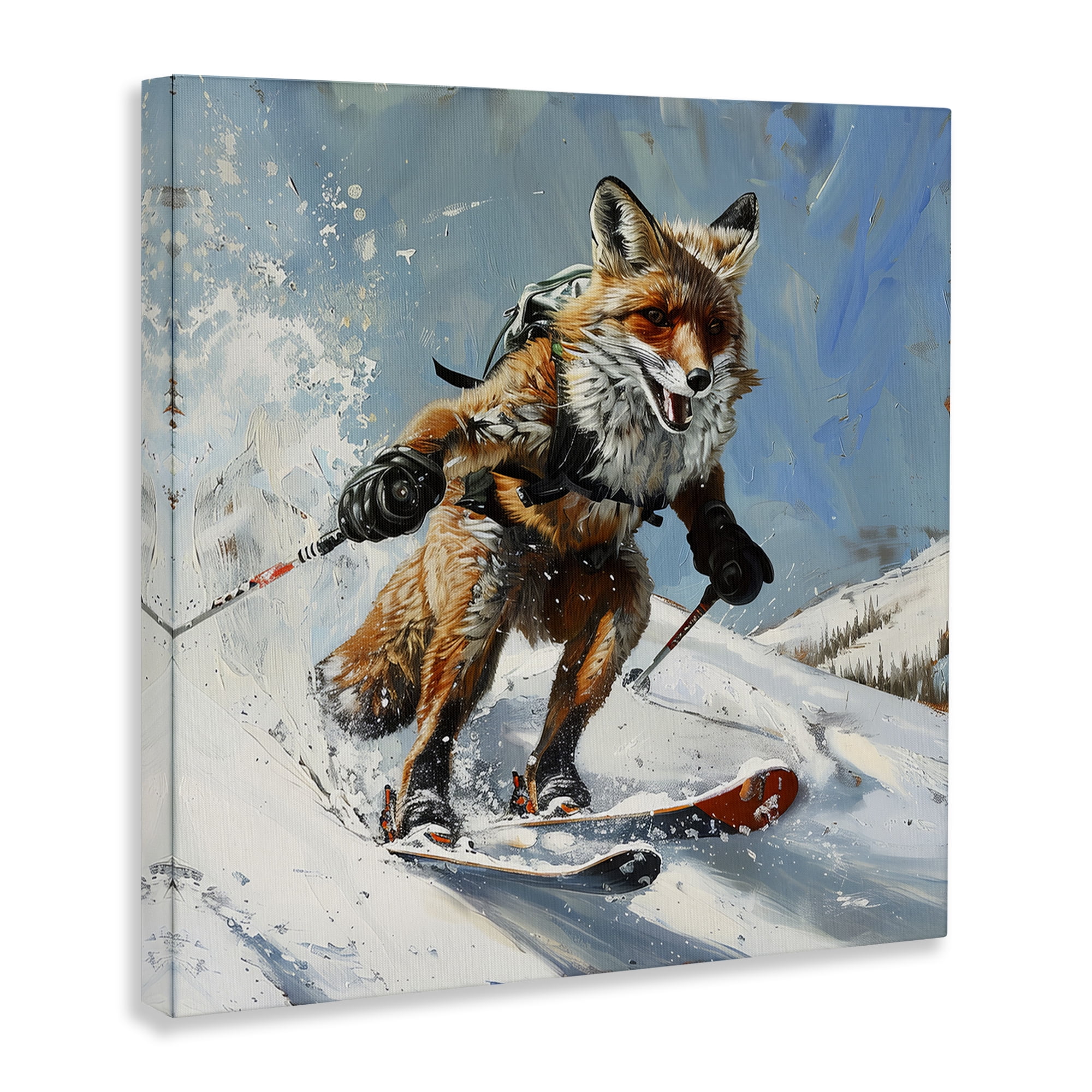 Stupell Industries Skiing Slopes Fox Animals Painting Wrapped Canvas Art Print Wall Art, 17 x 17