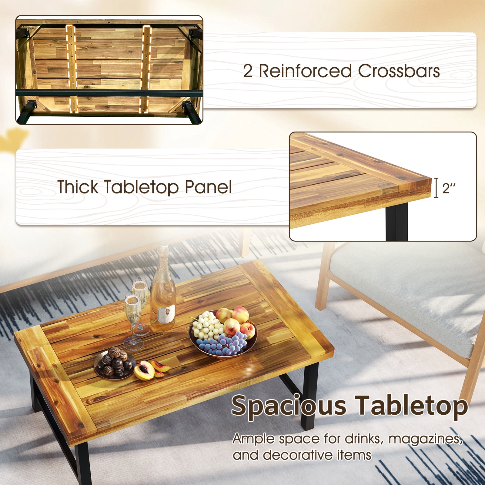 Gymax Acacia Wood Coffee Table Indoor Outdoor Rectangle Center Table w/ Thickened Top