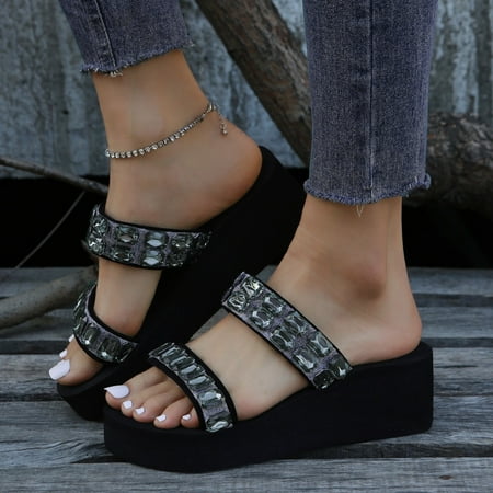 

Cathalem Women Shoes Thick Bottom Slope Heel With Diamond Beach Slippers Fashion Home Comfortable Womens Slippers Leopard Print Black 7