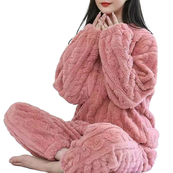 comerut 1 Set Winter Pajamas Warm Plush 2-Piece Sleepwear Set Stylish Comfortable Pullover And Pants for Autumn Winter