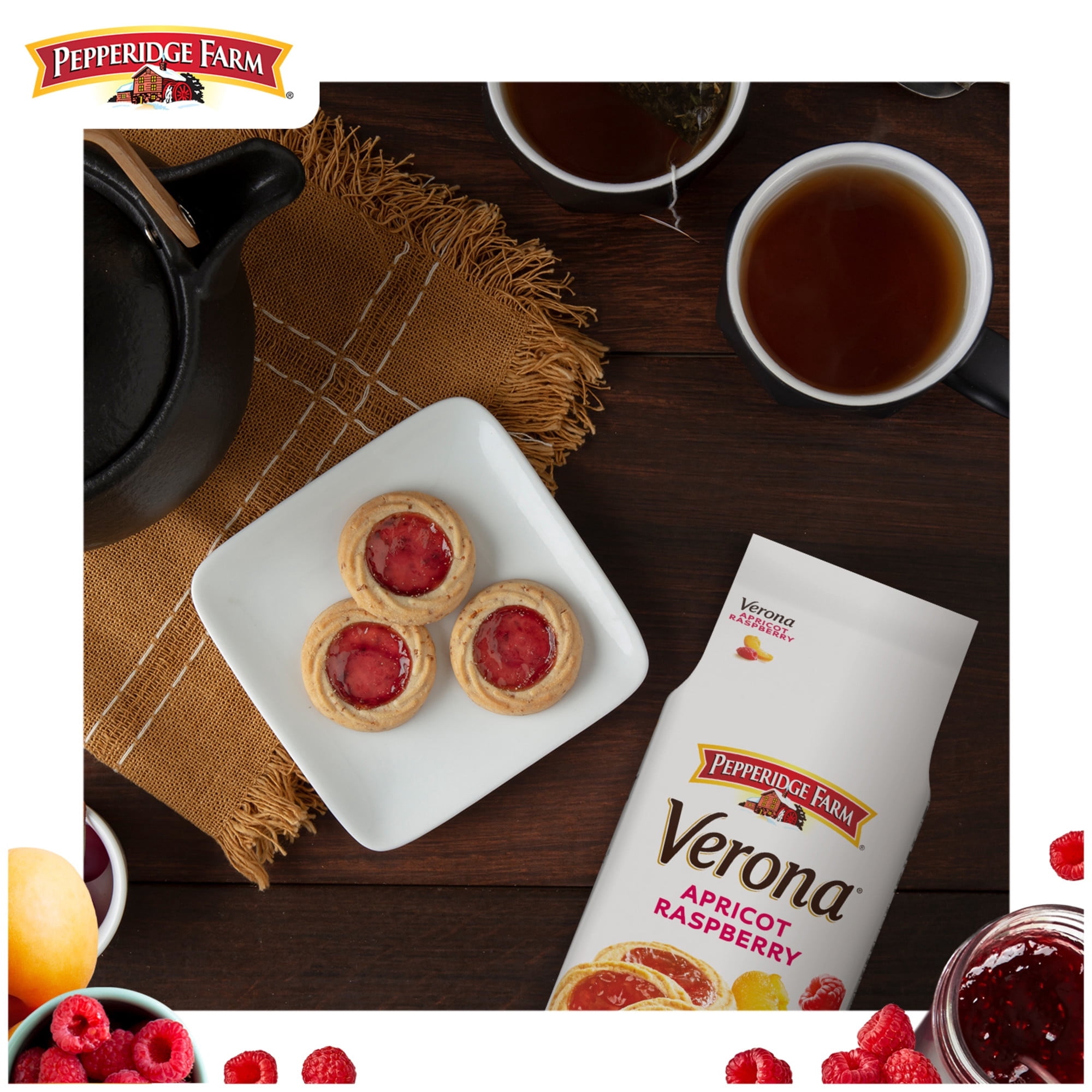 3 Pack Of Pepperidge Farm Verona Apricot Raspberry Thumbprint Cookies, 6.75oz Bag – Buttery Shortbread with Fruit-Filled Centers, Perfect for Snacking, With Olive Green Bowl By ValueNest