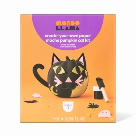 Halloween Craft Embellished Paper Mache Cat Pumpkin Painting Kit - Mondo Llama