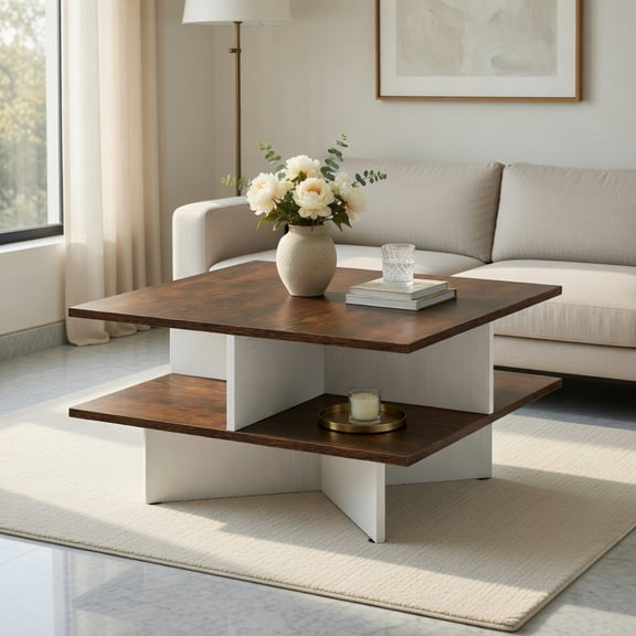 Topcobe 2-Tier Square Coffee Table with 4 Storage Compartments, Center Table for Living Room, Modern Furniture for Home-Rustic Brown