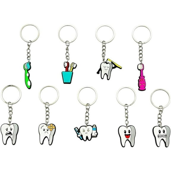 9Pcs Tooth Keychain Set, Funny Toothbrush Keyring Novelty Key Holder