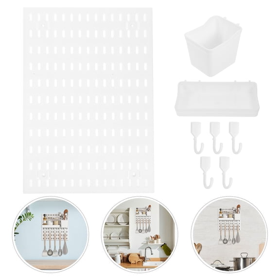 HEMOTON White Plastic Pegboard with Hooks for Storage No Drilling Needed 1 Set