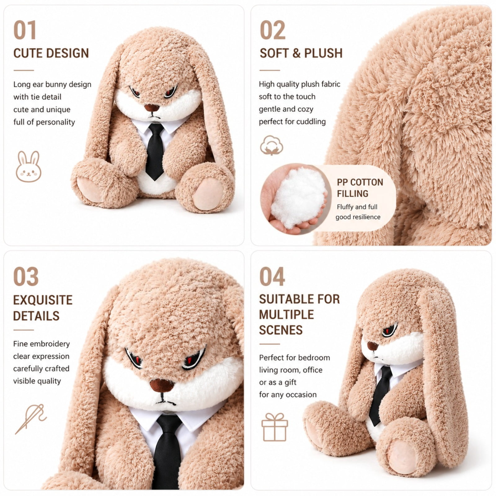 Long Ear Bunny Plush Toy with Tie Soft Stuffed Rabbit Doll Cute Gift Plushie