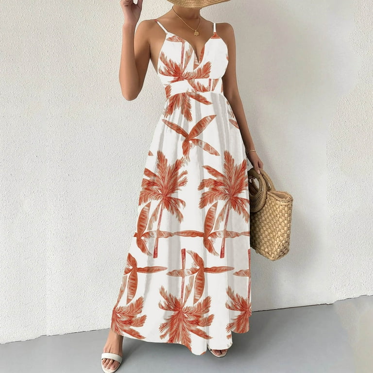 nsendm Womens Sleeveless Casual Summer Floral Print Dress Maxi Long Juniors  Casual Dresses Dress Orange Medium - Walmart.com