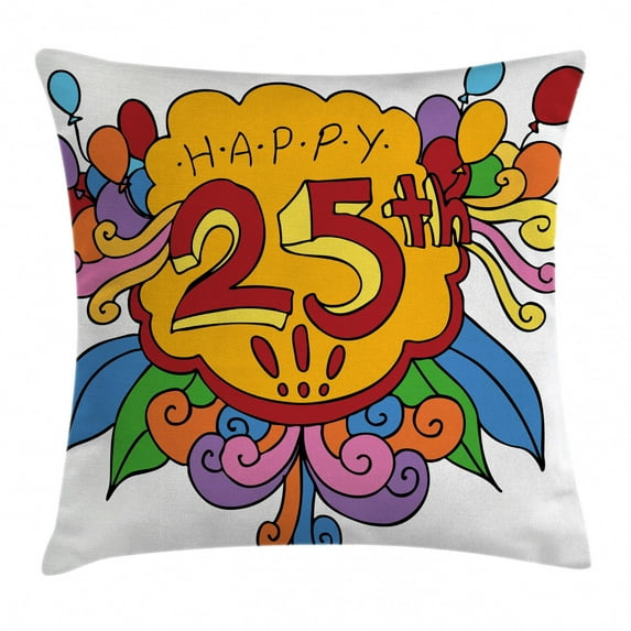 25th Birthday Decorations Throw Pillow Cushion Cover, Cartoon Style Composition with Floral Details Swirls and Balloons, Decorative Square Accent Pillow Case, 16 X 16 Inches, Multicolor, by Ambesonne