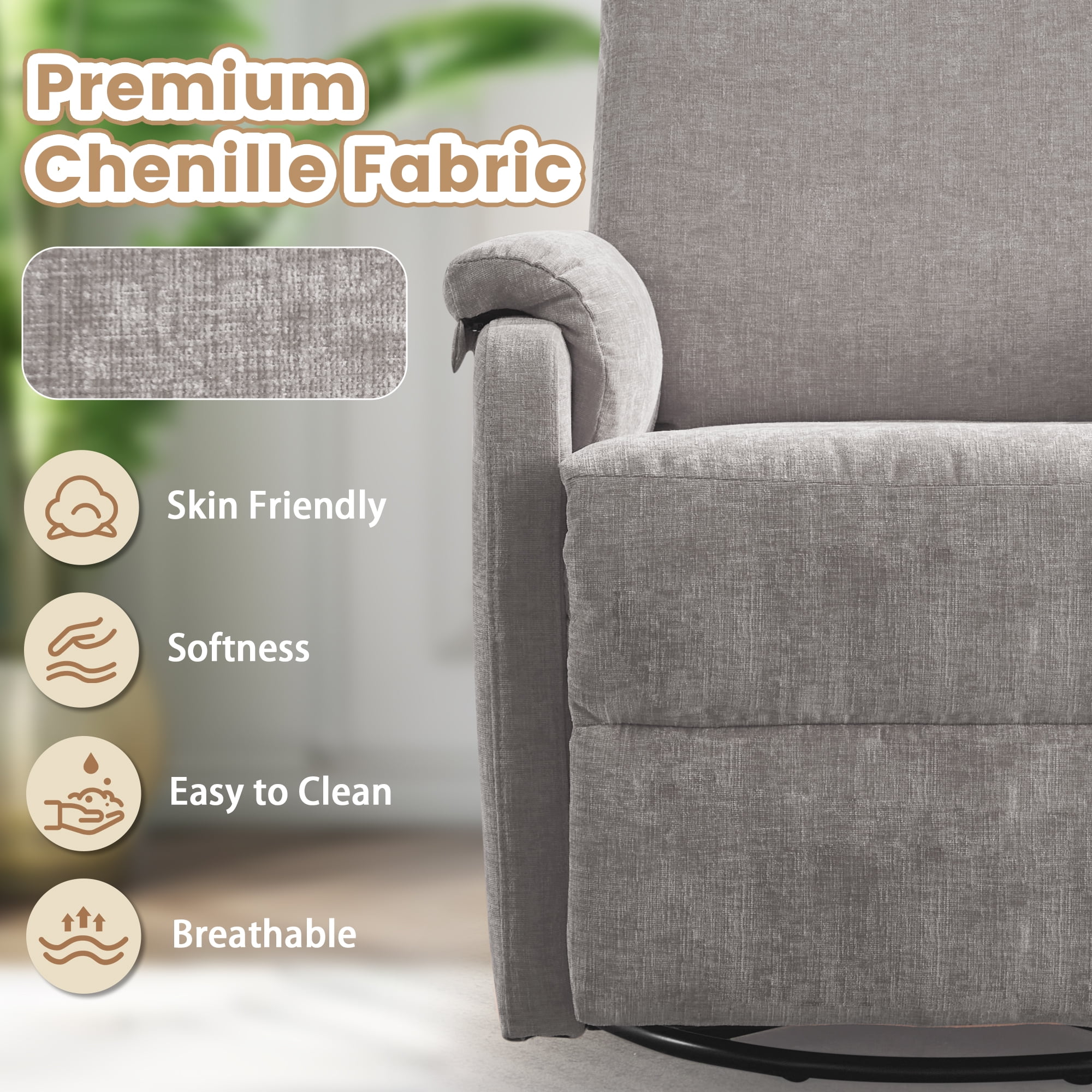 Korser Swivel Rocker Recliner Chair for Small Spaces Chenille for Living Room,Grey