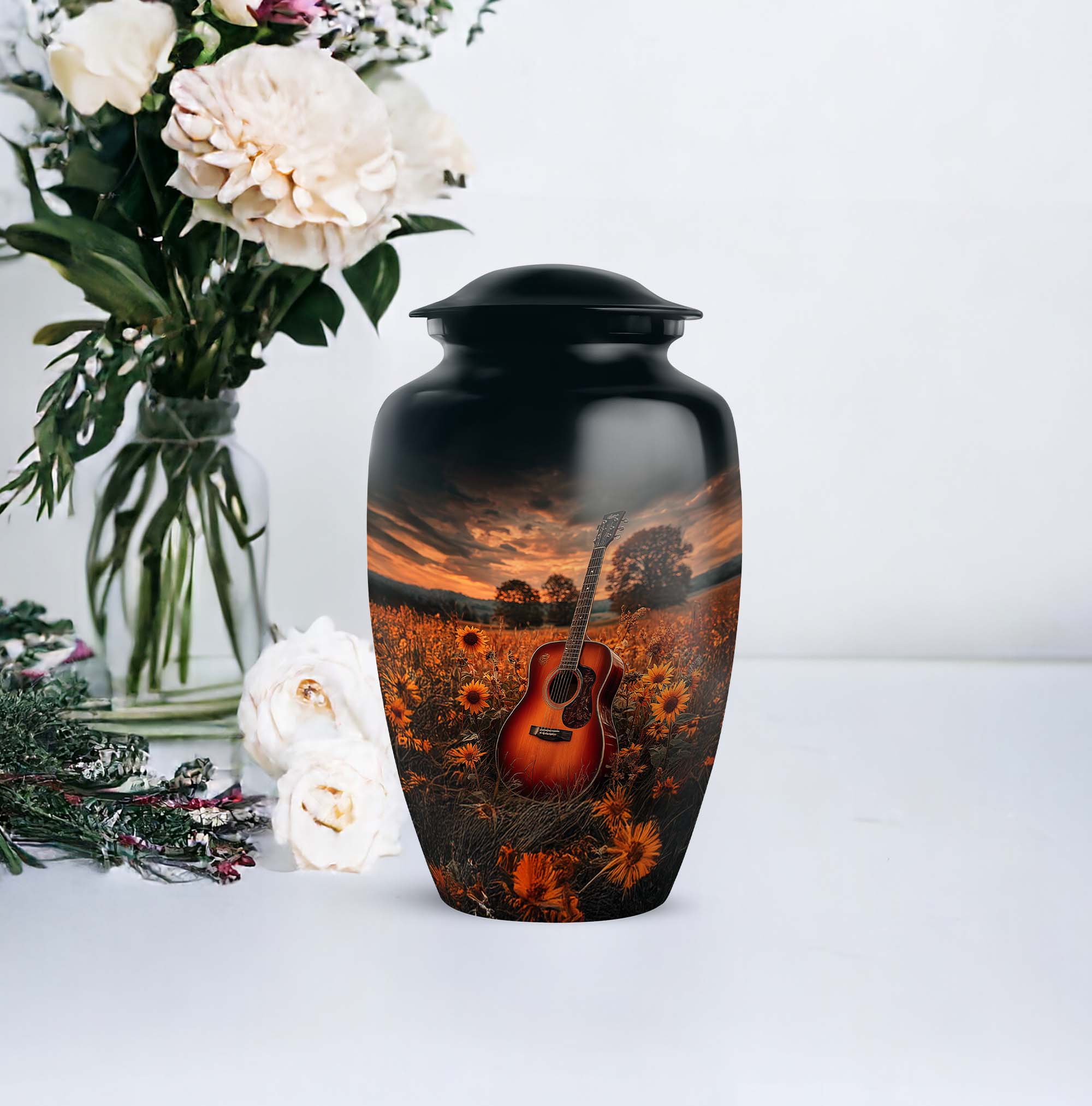 Guitar Burial Urns For Human Ashes Mother - Black Funeral Urns For Ashes Female And Male Remains - Brown Cremation Urn For Father 10 Inch, 4 Keepsake Set - 1 Large Sunflower Funeral Urn For Mom