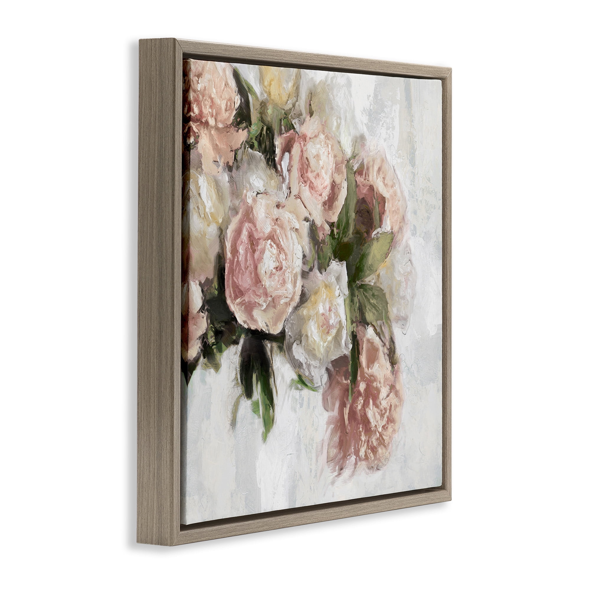 Stupell Industries Elegant Pink Roses Arrangement Botanical & Floral Painting Brown Floater Framed Canvas Art Print Wall Art, 18 x 18